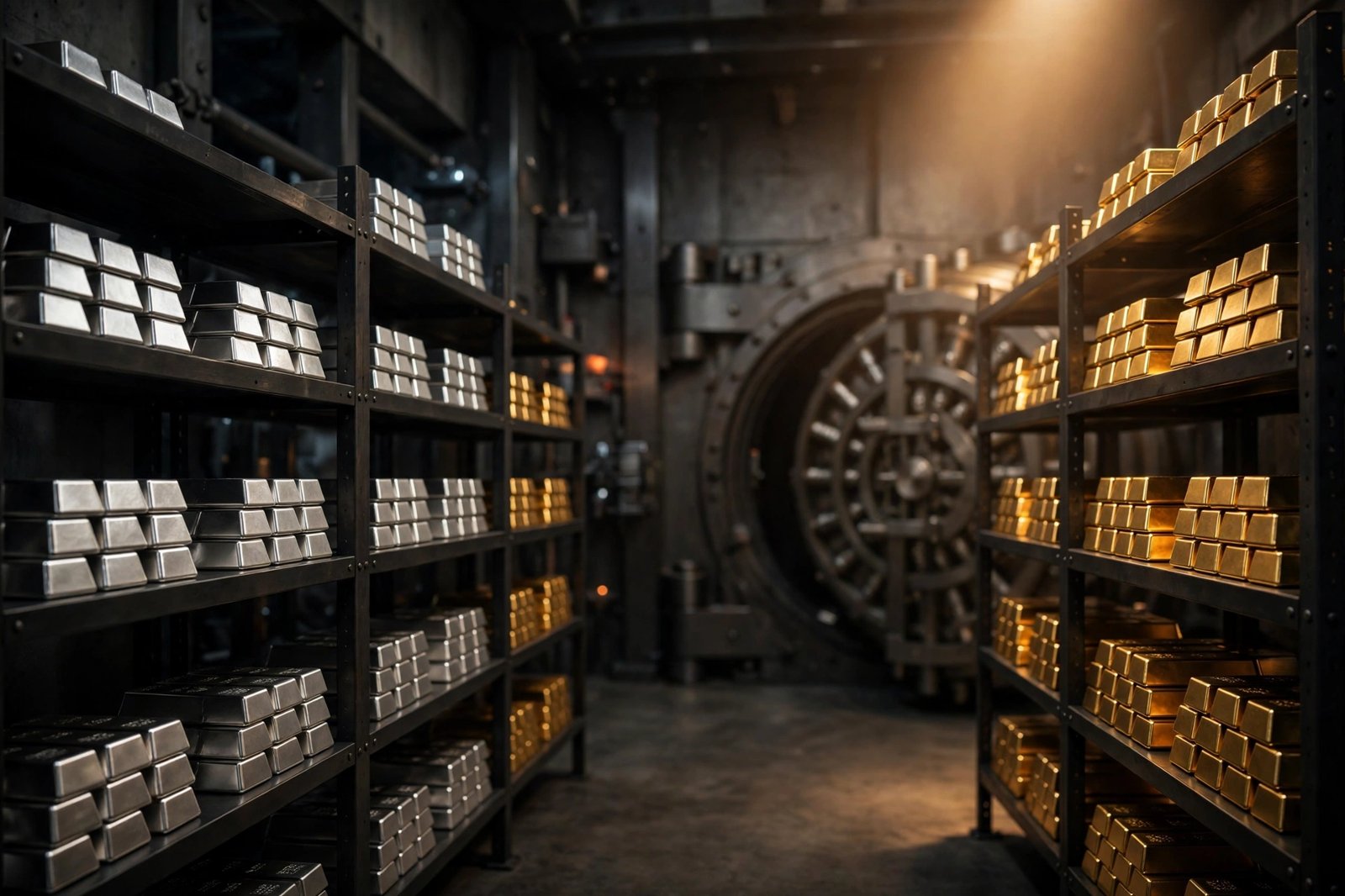 Gold and silver bullion bars stacked in a vault